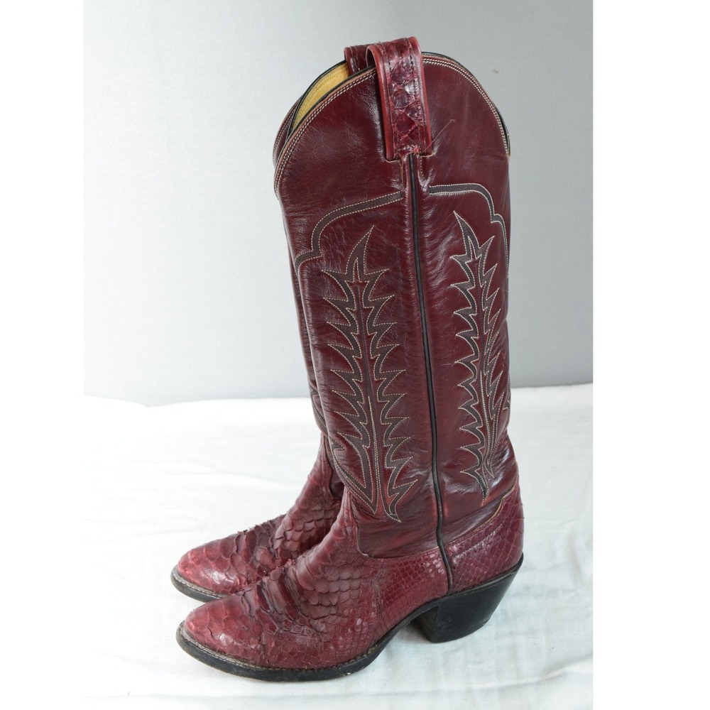 Tony Lama Cowboy Boots 5.5B Burgundy Snakeskin Python Leather Western Womens